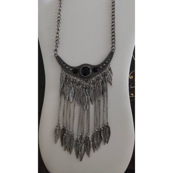 Boutique Jewelry - Unique Silver & Black Crystal Necklace with Leaf Design Dangles